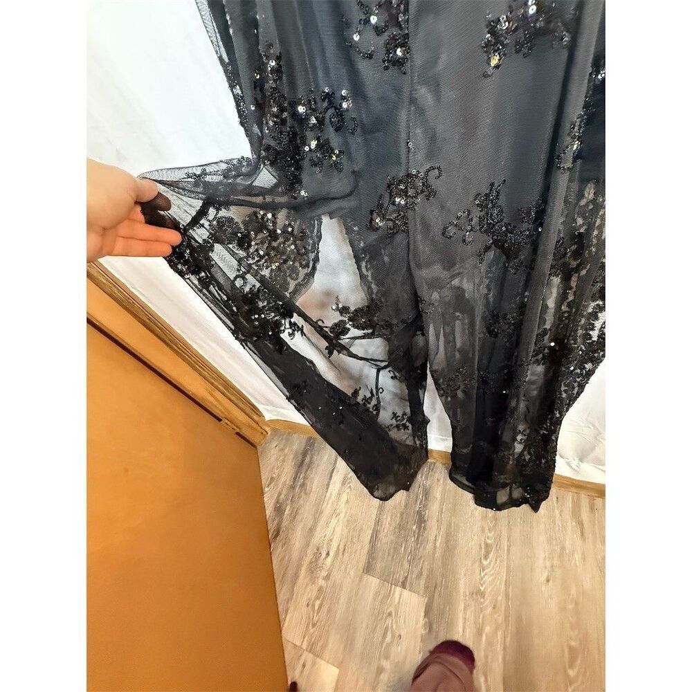 Womens Fashion Nova Formal Jumpsuit 1X Black Sequin Lace Overlay Maxi V-Neck - Picture 12 of 16